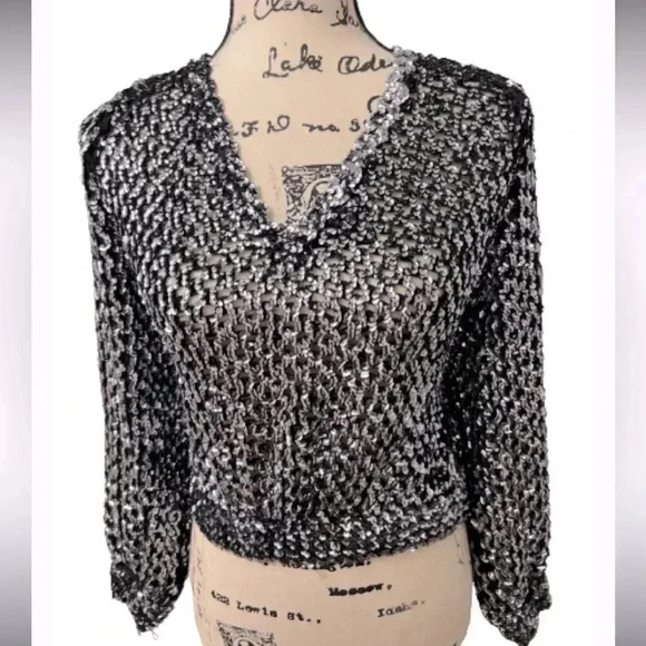 Vintage three FLAGGS SILVER BLACK SEQUIN KNIT MESH B NECK SLOUCH TOP - Picture 2 of 13